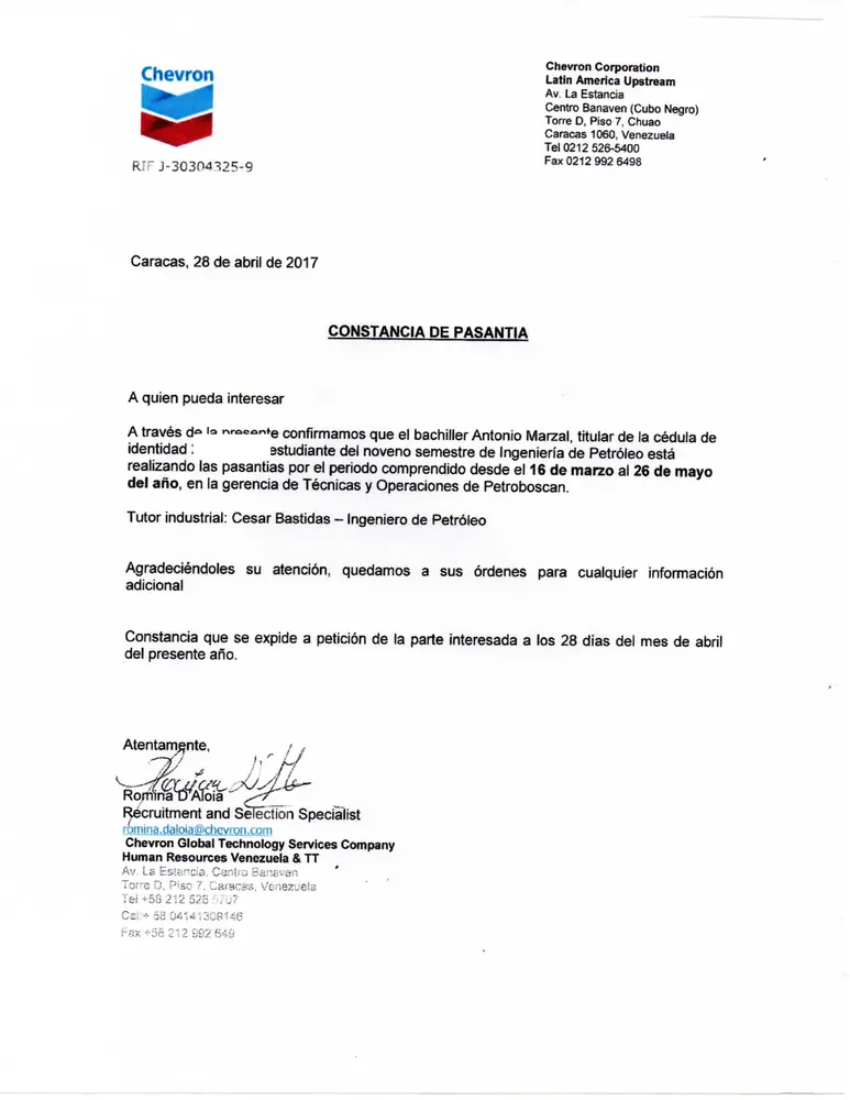 Preview of the Chevron Petroboscán internship letter