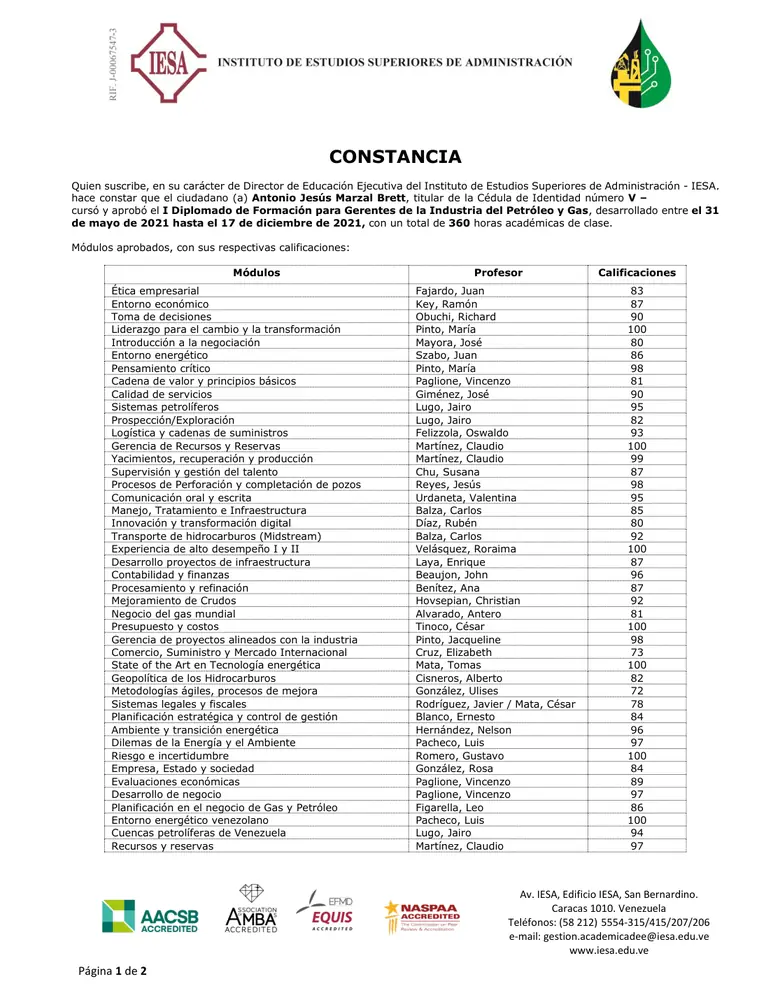 Preview of IESA Diploma Program for Oil & Gas Industry Managers — Certificate of grades